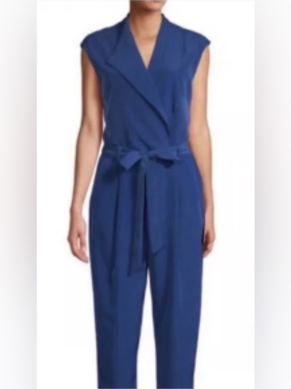 HALSTON HERITAGE - Cobalt Blue Sleeveless Wrap Jumpsuit with Tie Waist